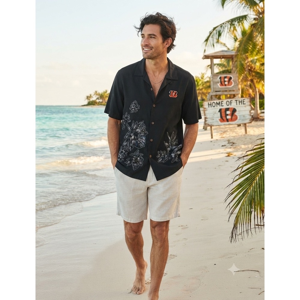 Tommy Bahama Cincinnati Bengals NFL Camp Shirt Black Floral Embroidered tropical